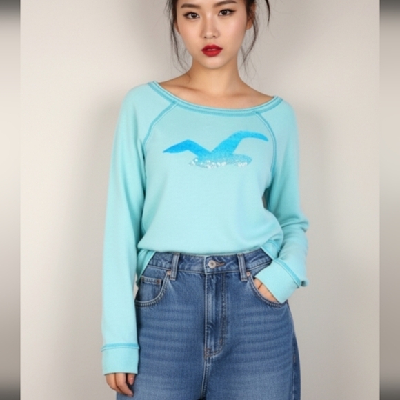 Hollister Tops - Y2K Vintage Hollister Lightweight Wide Neck Sweatshirt Lightblue Sequin Size S